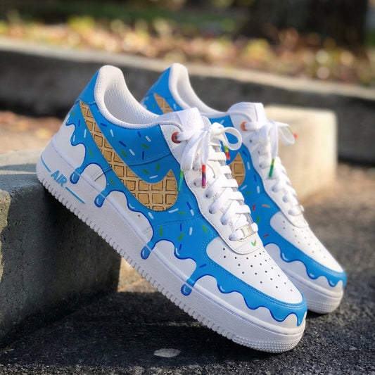 Custom AF 1s Shoes Ice Cream Drip Waffle Sprinkles Baby Blue Brown