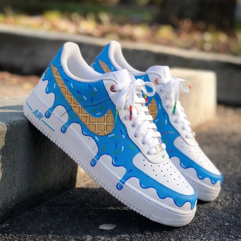 Custom AF 1s Shoes Ice Cream Drip Waffle Sprinkles Baby Blue Brown