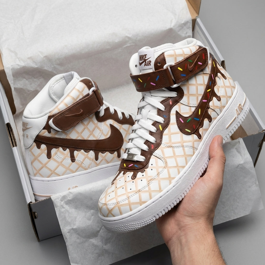 Custom AF 1s Shoes Ice Cream Waffle Chocolate Drip Sprinkles Beige