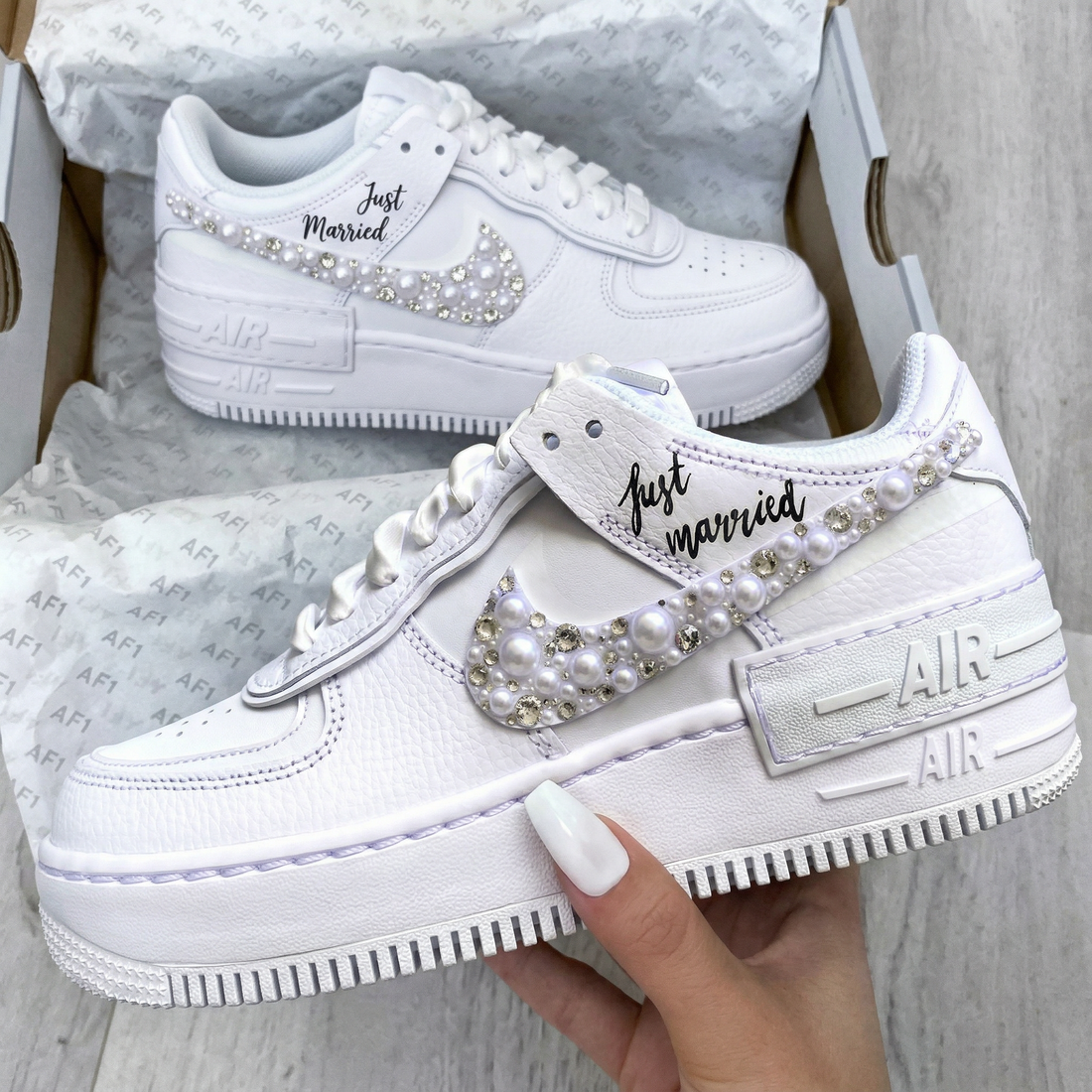 Custom AF 1s Shoes Just Married Pearls Rhinestones Wedding