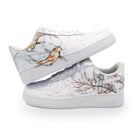 Custom AF 1s Shoes Koi Fish and Cherry Blossom Design Gold Blue