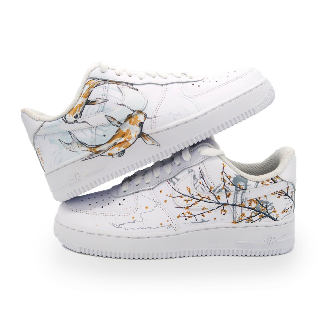 Custom AF 1s Shoes Koi Fish and Cherry Blossom Design Gold Blue