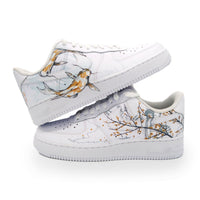 Custom AF 1s Shoes Koi Fish and Cherry Blossom Design Gold Blue