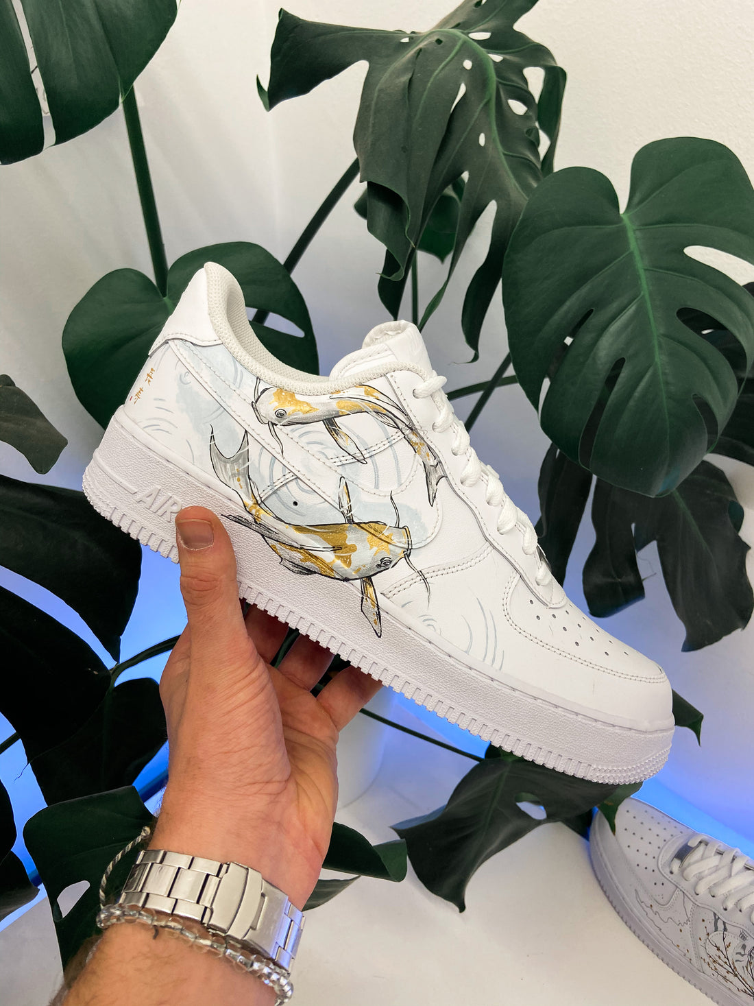 Custom AF 1s Shoes Koi Fish and Cherry Blossom Design Gold Blue