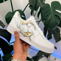 Custom AF 1s Shoes Koi Fish and Cherry Blossom Design Gold Blue