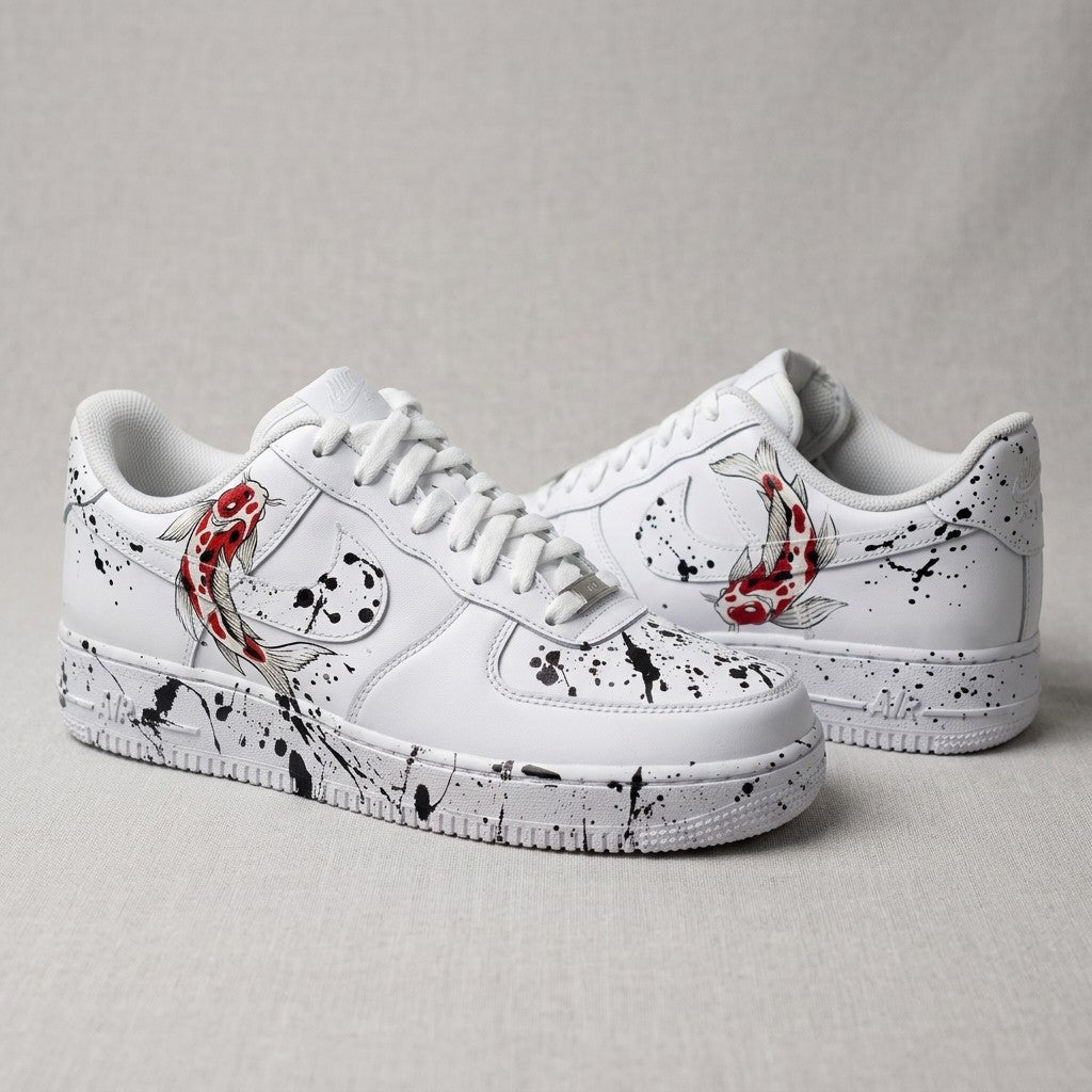 Custom AF 1s Shoes Koi Fish Black Splatter Black Red