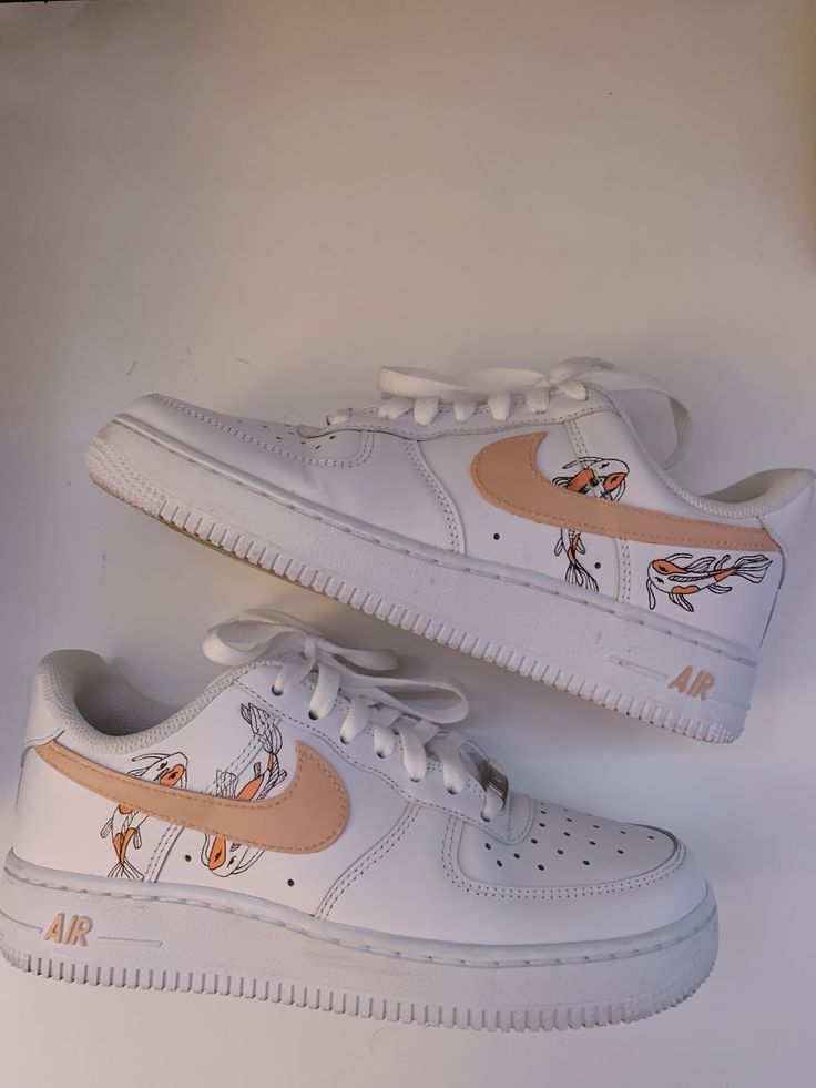 Custom AF 1s Shoes Koi Fish Design Beige Color
