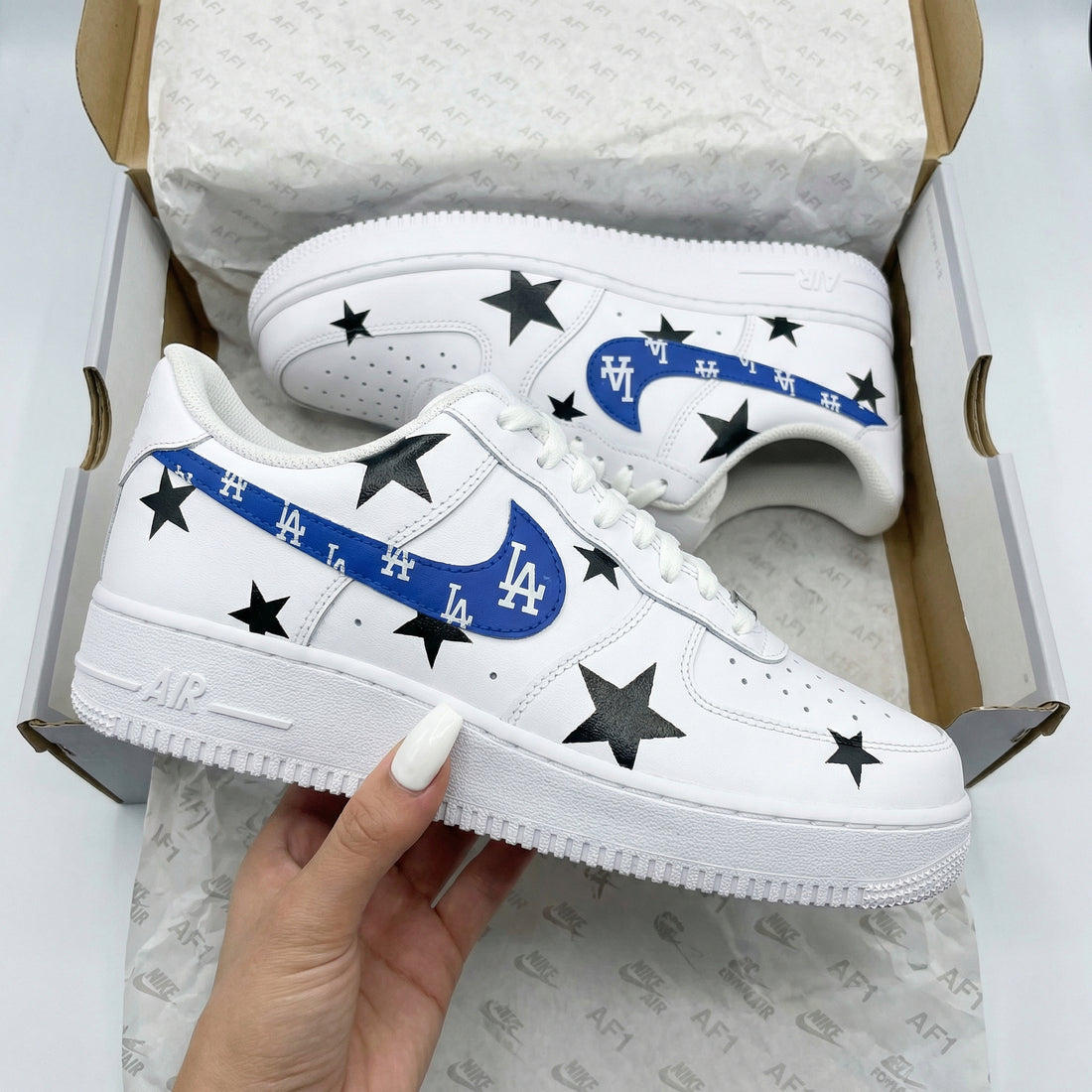 Custom AF 1s Shoes LA Logo Black Stars Blue