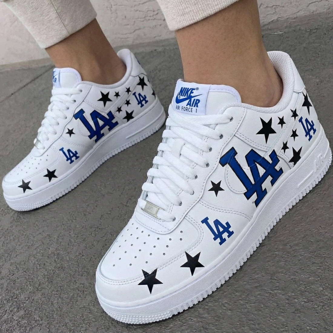 Custom AF 1s Shoes LA Logo Black Stars Blue Black