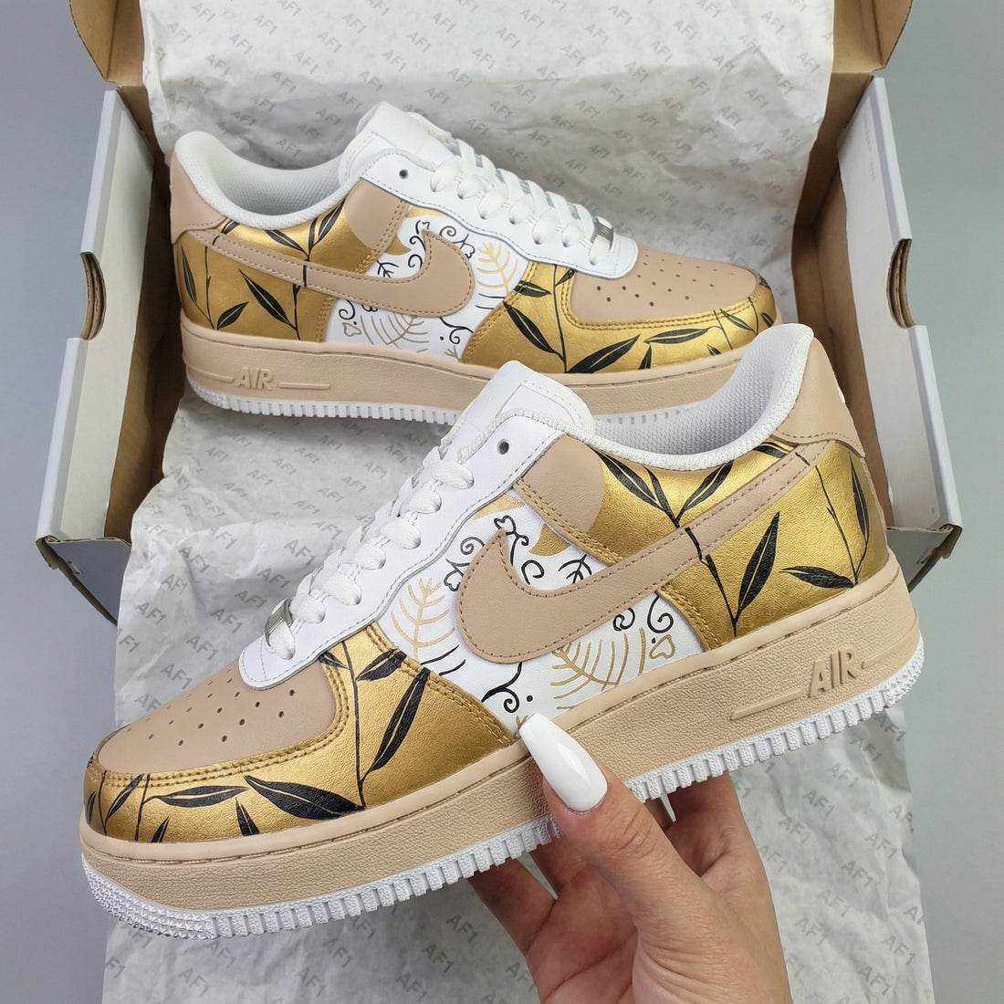 Custom AF 1s Shoes Leaf Pattern Gold Beige