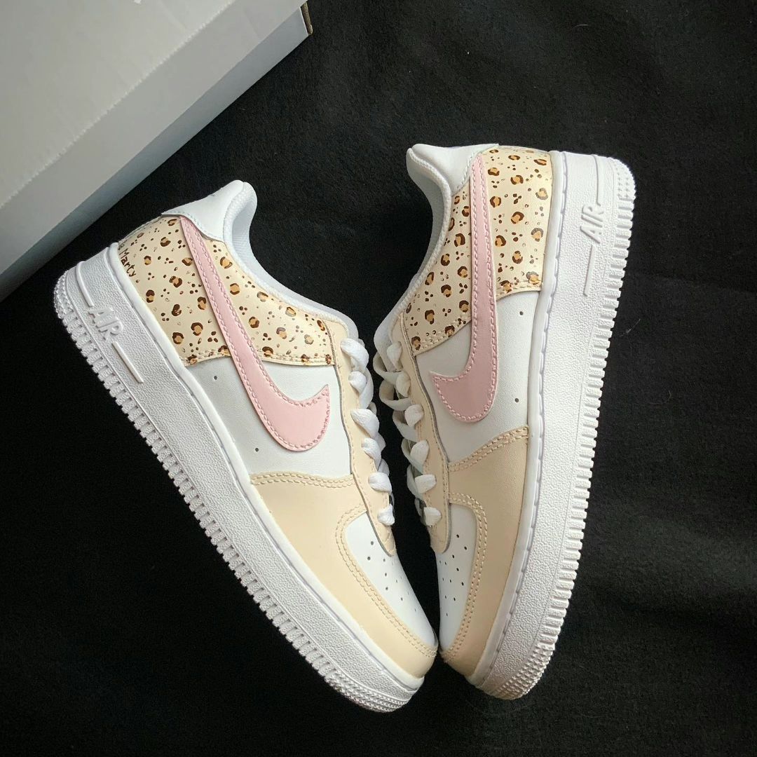 Custom AF 1s Shoes Leopard Print Baby Pink and Beige