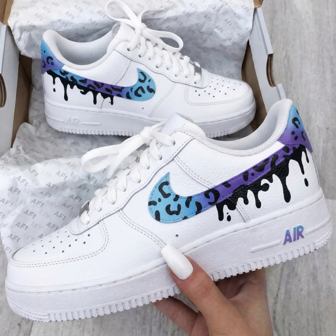 Custom AF 1s Shoes Leopard Print Drip Effect Baby Blue Purple Black