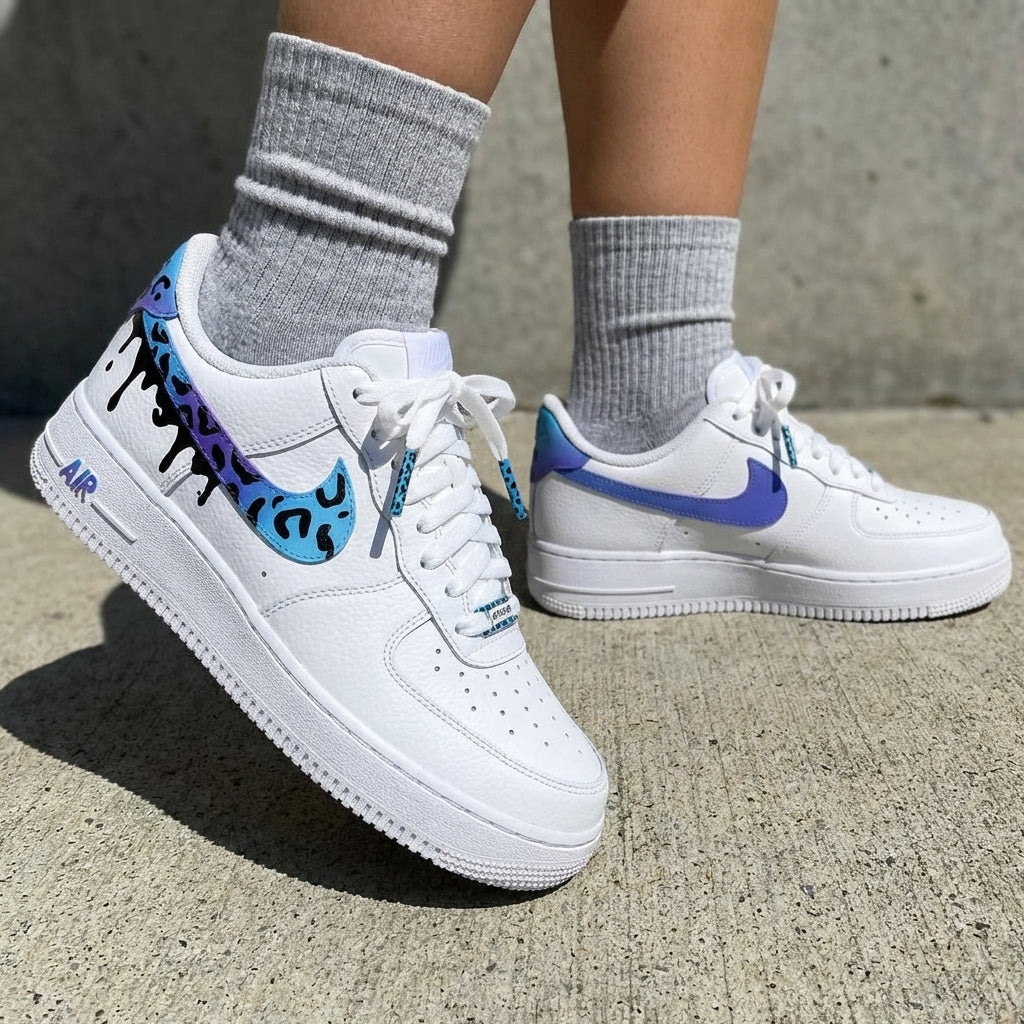 Custom AF 1s Shoes Leopard Print Drip Effect Baby Blue Purple Black
