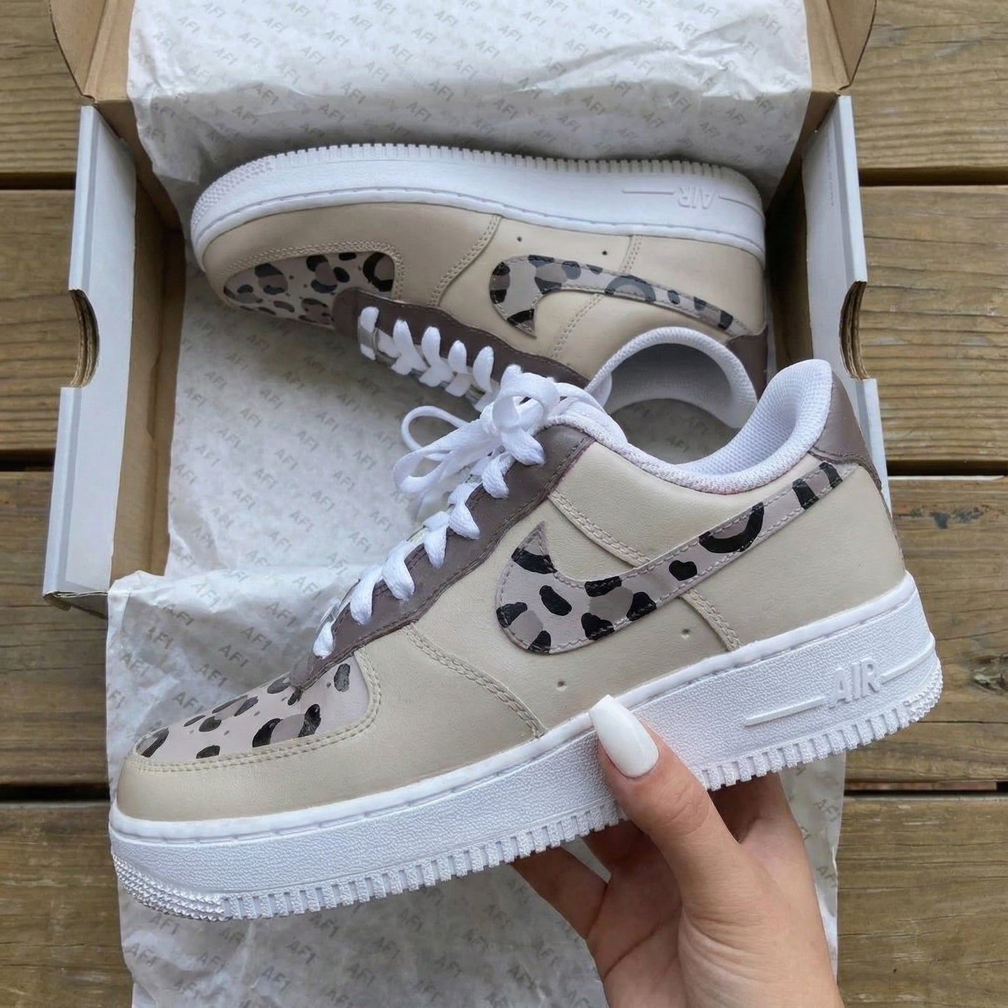 Custom AF 1s Shoes Leopard Print Taupe White