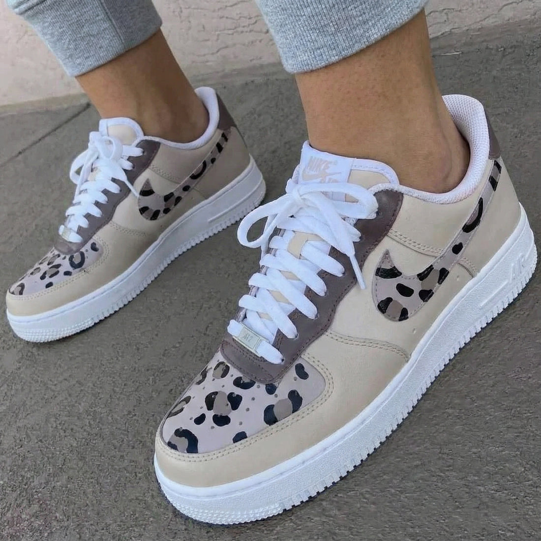 Custom AF 1s Shoes Leopard Print Taupe White