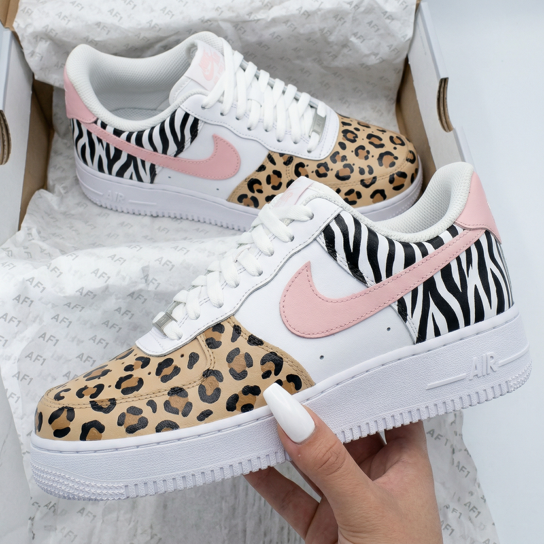 Custom AF 1s Shoes Leopard Zebra Baby Pink