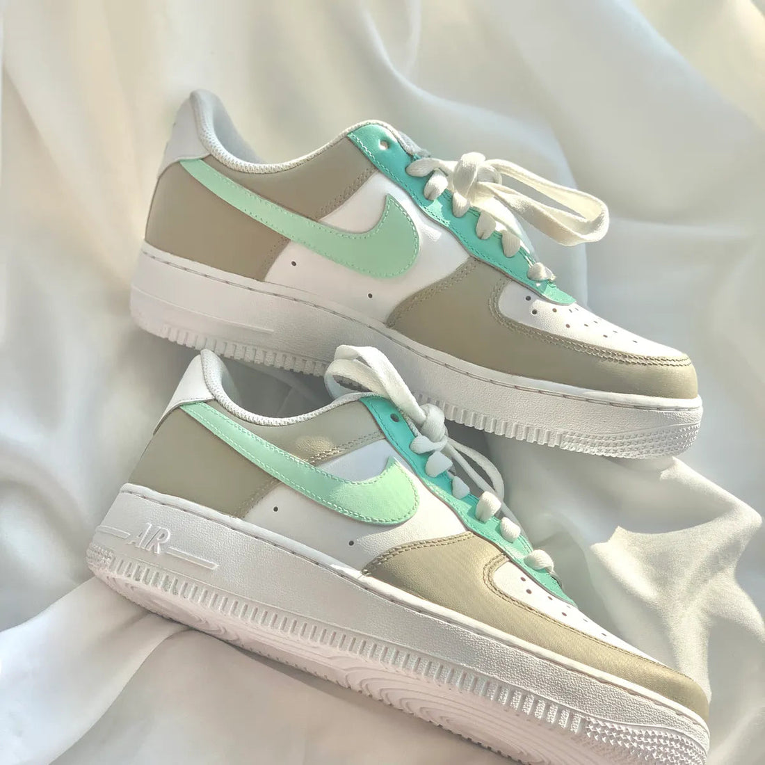 Custom AF 1s Shoes Light Green and Beige