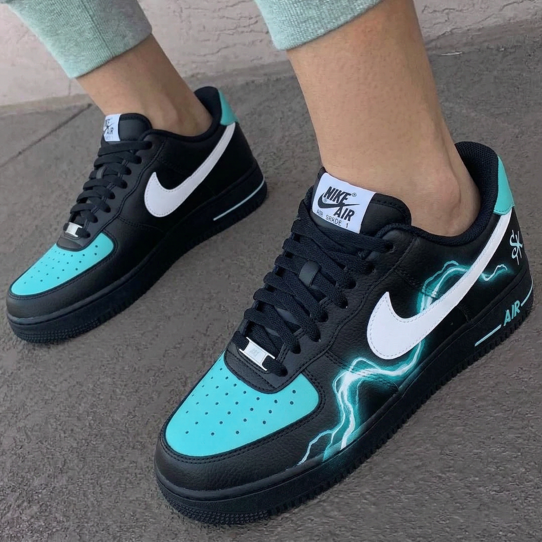 Custom AF 1s Shoes Lightning Drip Black Baby Blue White