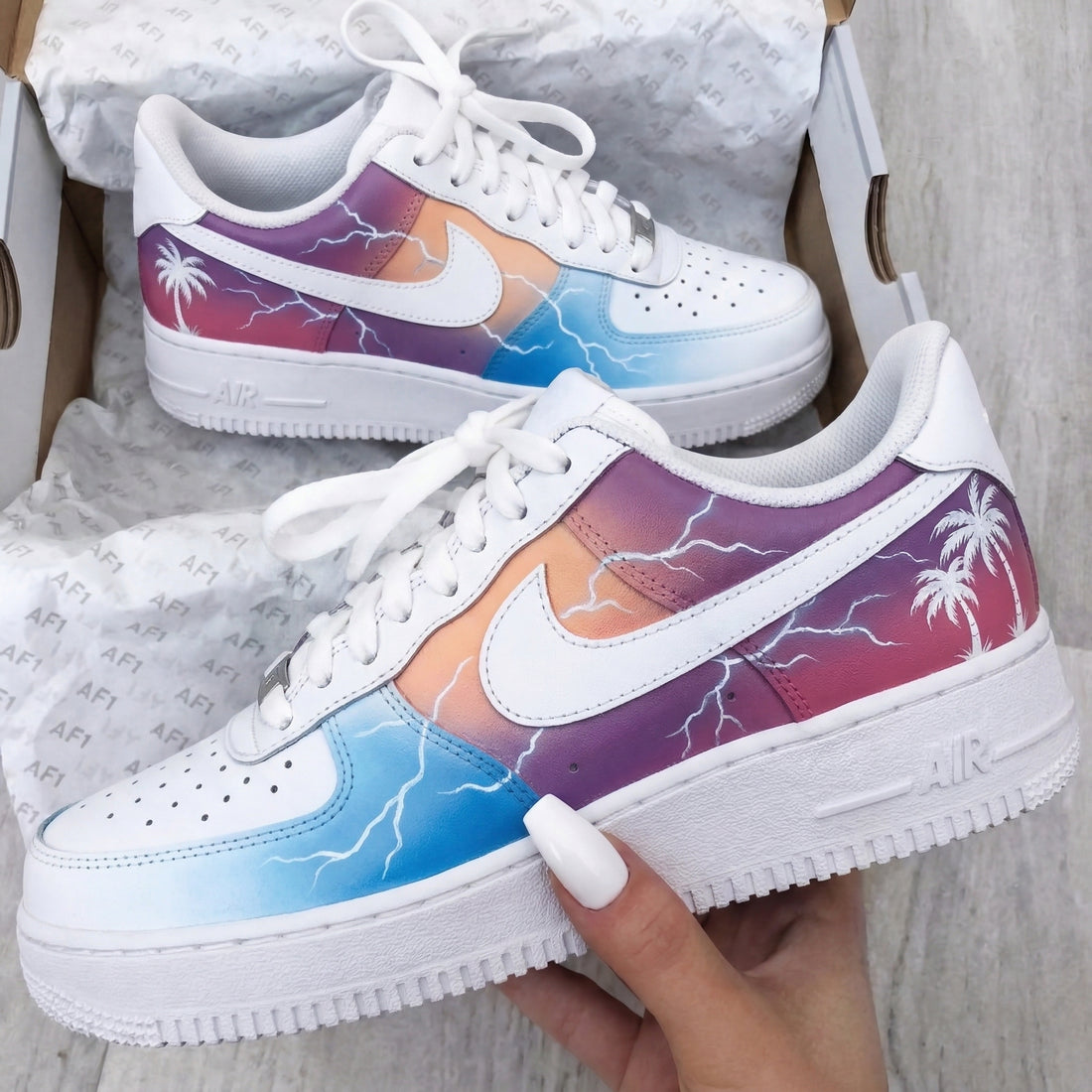 Custom AF 1s Shoes Lightning Palm Trees Baby Blue Purple Orange