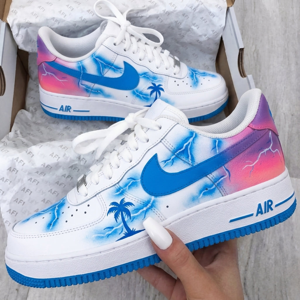Custom AF 1s Shoes Lightning Palm Trees Blue Pink Purple