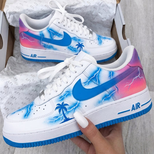 Custom AF 1s Shoes Lightning Palm Trees Blue Pink Purple