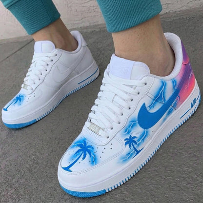 Custom AF 1s Shoes Lightning Palm Trees Blue Pink Purple