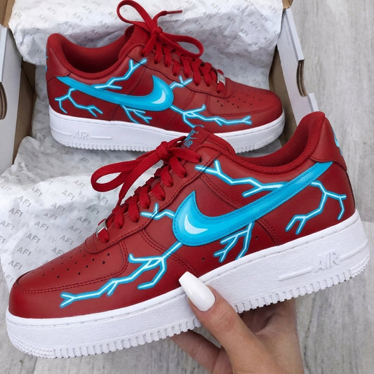 Custom AF 1s Shoes Lightning Red Baby Blue