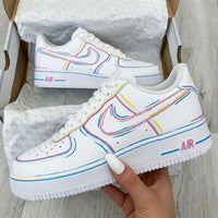 Custom AF 1s Shoes Line Art Design Baby Pink Yellow Baby Blue