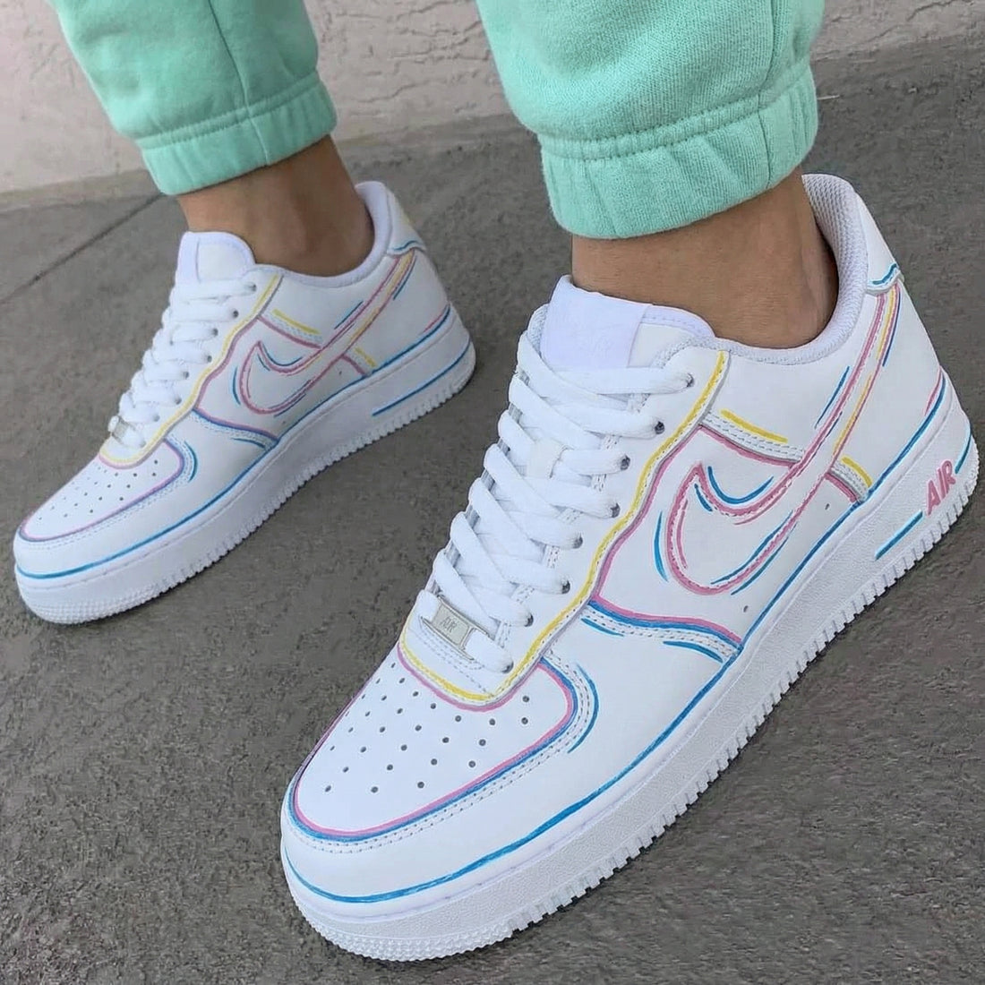 Custom AF 1s Shoes Line Art Design Baby Pink Yellow Baby Blue