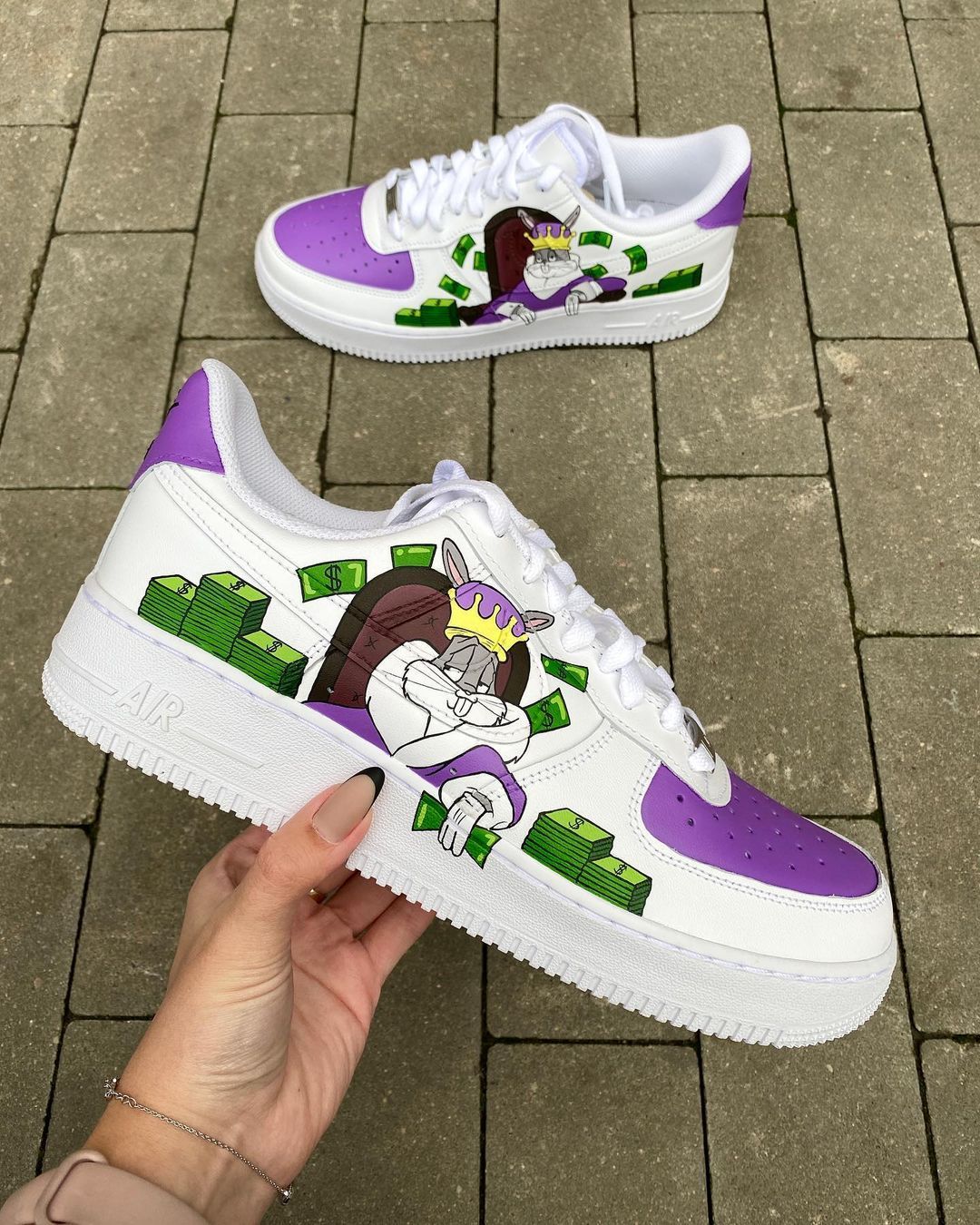 Custom AF 1s Shoes Looney Tunes LV Pattern Purple Green