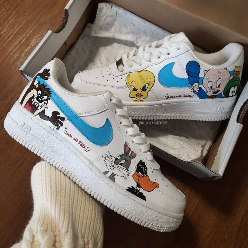 Custom AF 1s Shoes Looney Tunes Theme Blue Orange