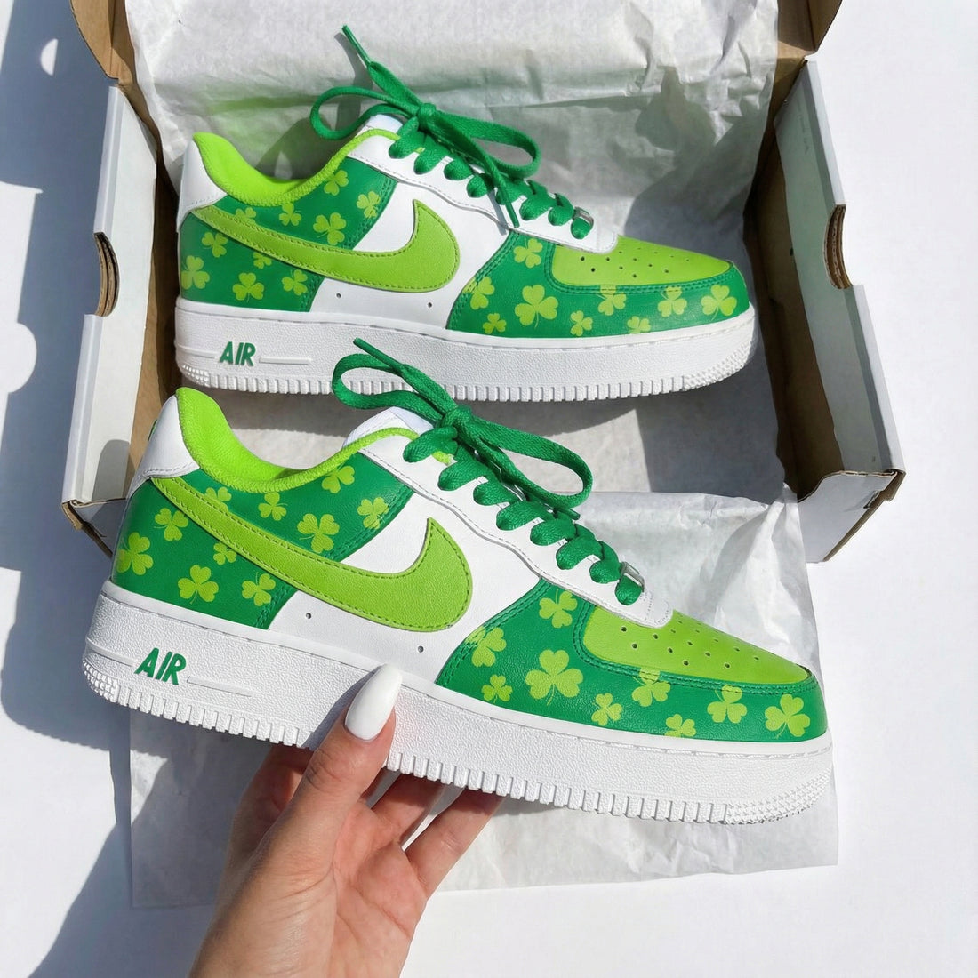 Custom AF 1s Shoes Lucky Lime Green Clover Pattern