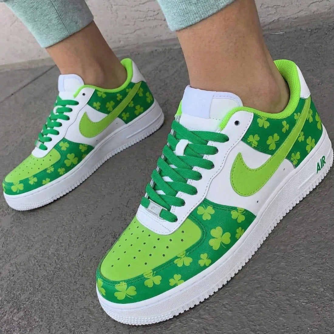 Custom AF 1s Shoes Lucky Lime Green Clover Pattern