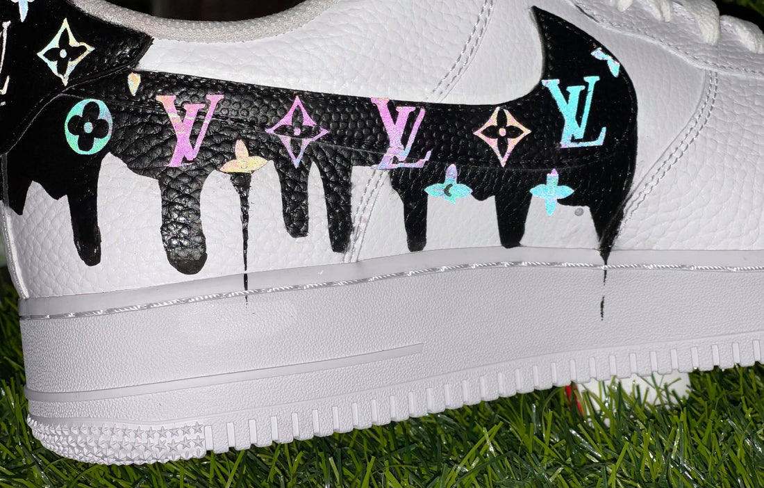 Custom AF 1s Shoes LV Drip Design Black White