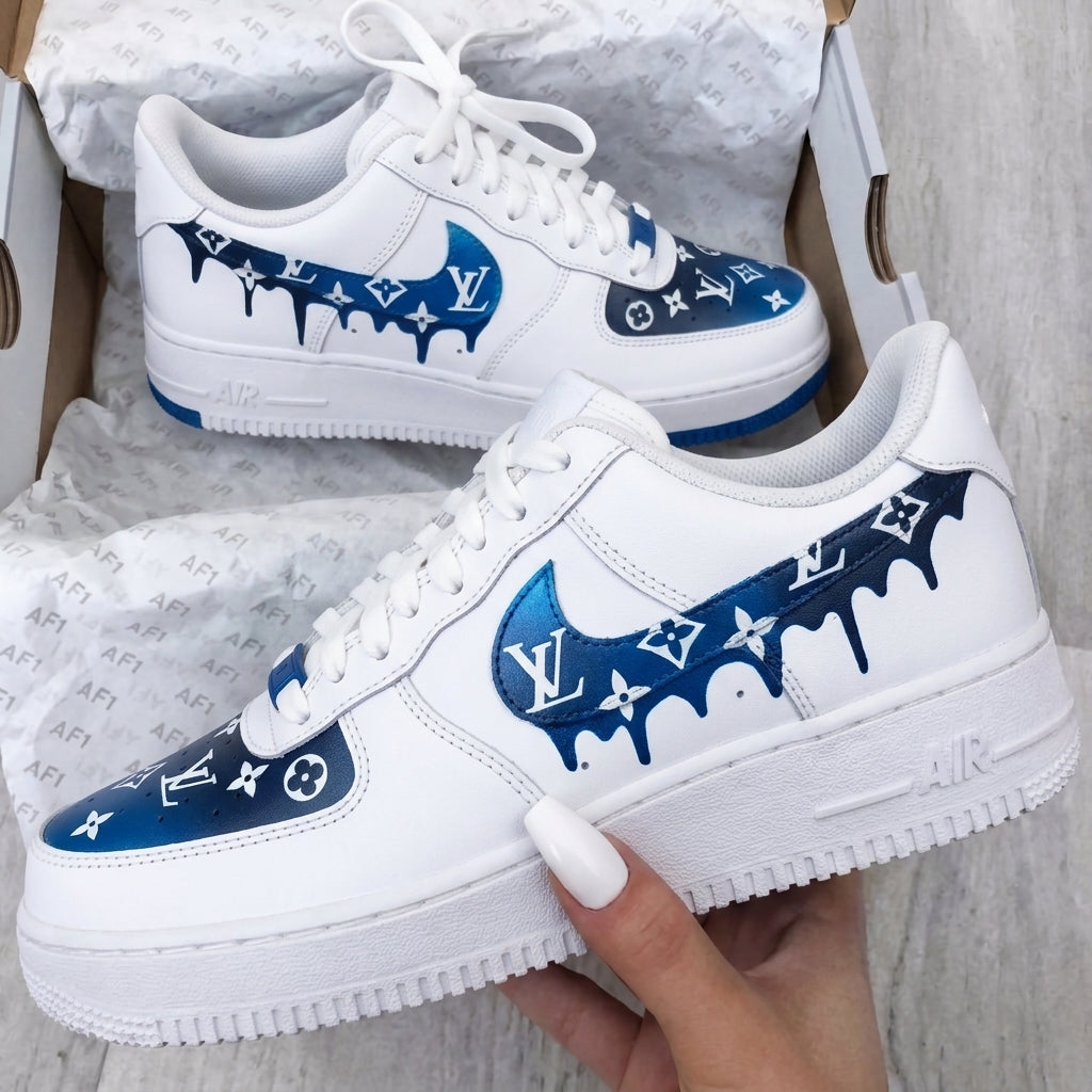 Custom AF 1s Shoes LV Drip White Blue
