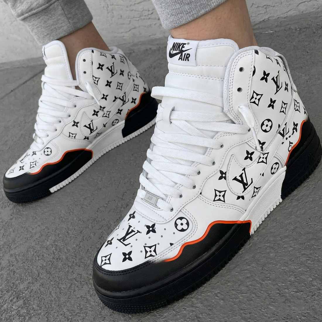 Custom AF 1s Shoes LV Logo Black And Orange
