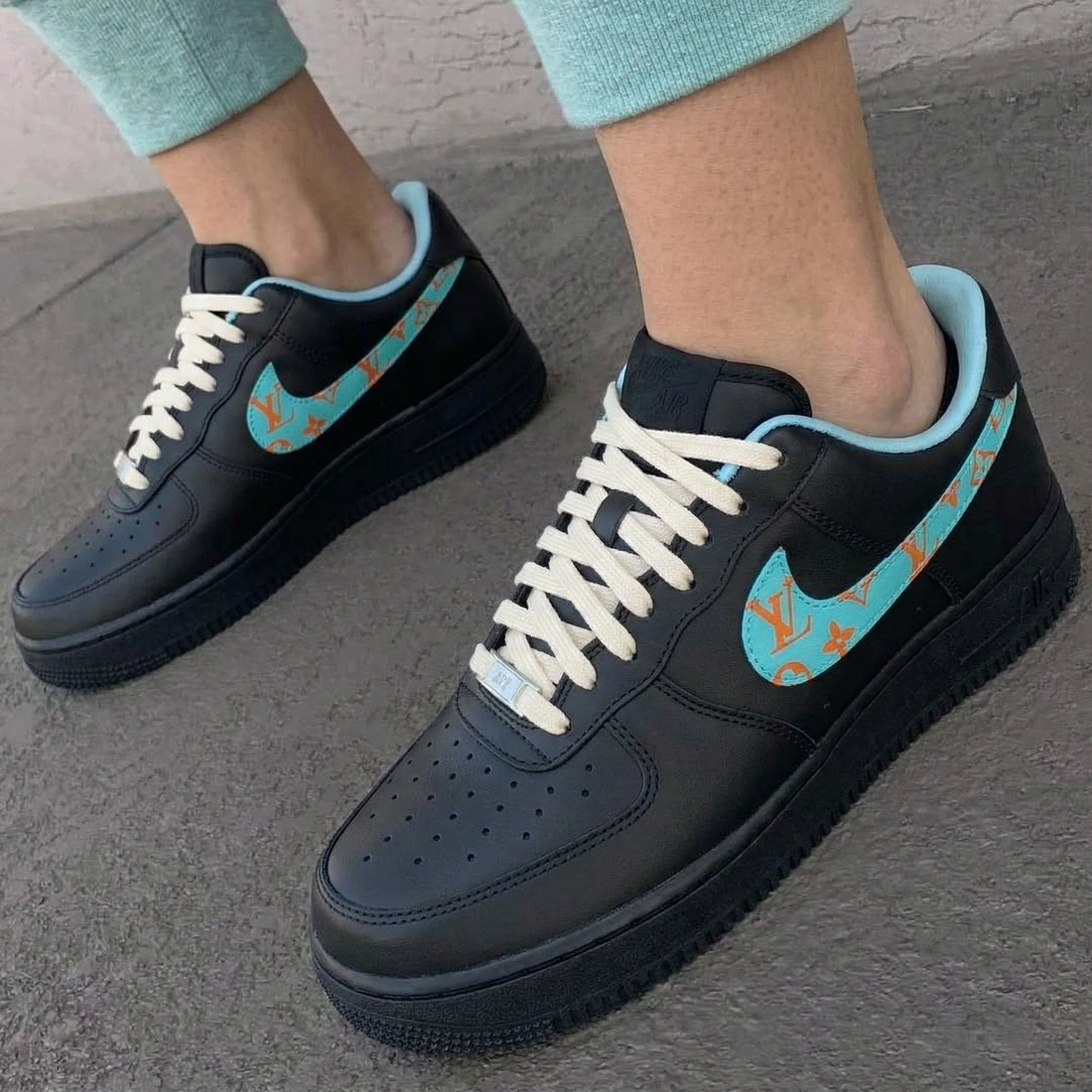 Custom AF 1s Shoes LV Logo Blue Orange Black