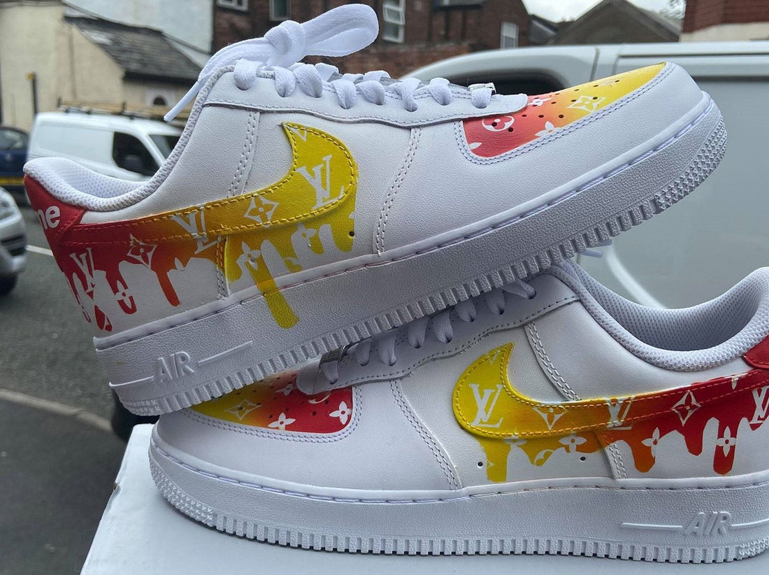 Custom AF 1s Shoes LV Logo Drip Design Red Yellow