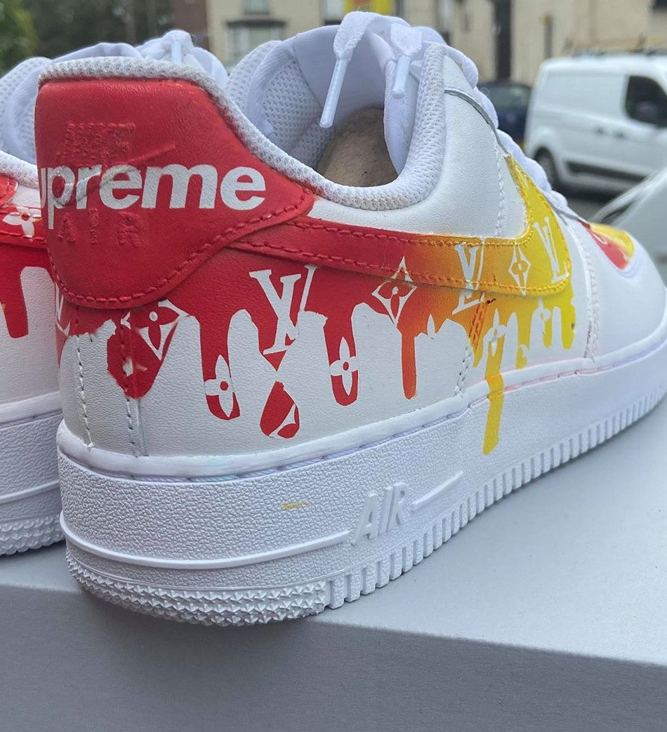 Custom AF 1s Shoes LV Logo Drip Design Red Yellow