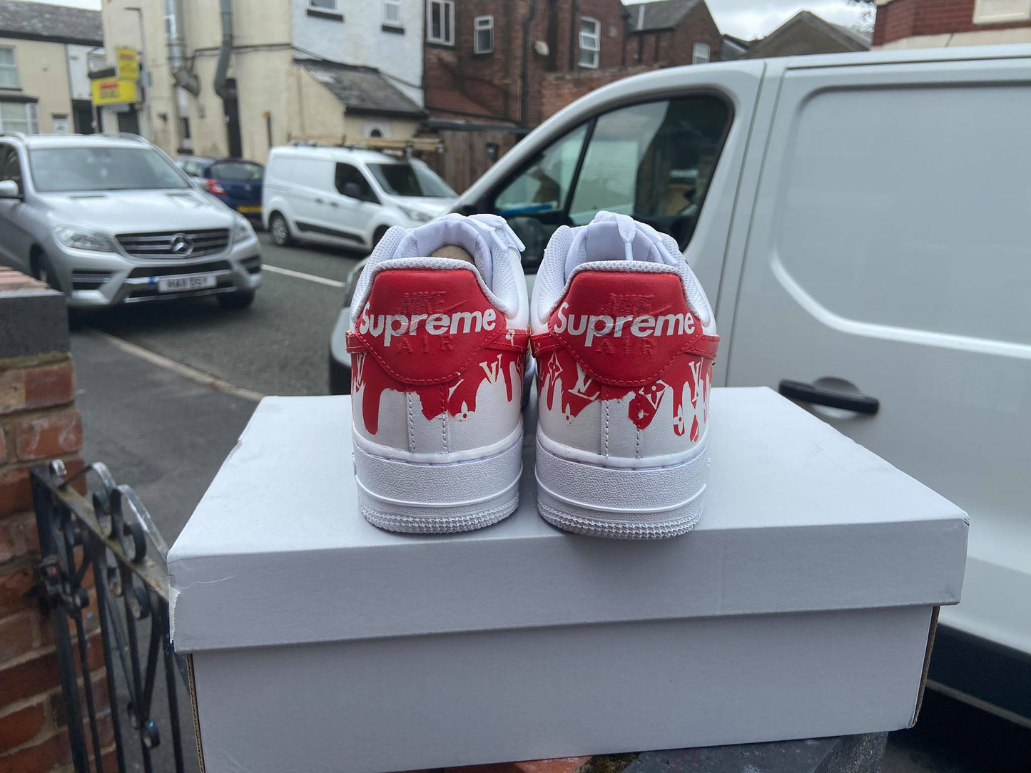 Custom AF 1s Shoes LV Logo Drip Design Red Yellow