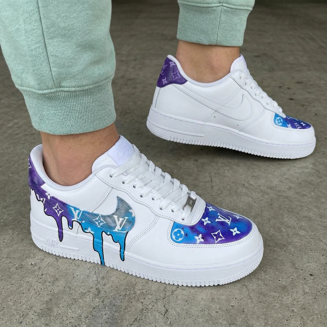 Custom AF 1s Shoes LV Logo Drip Purple Baby Blue