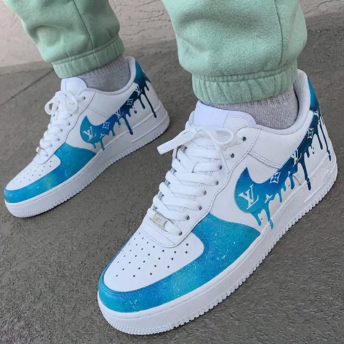 Custom AF 1s Shoes LV Logo Drip White Baby Blue