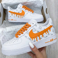 Custom AF 1s Shoes LV Logo Dripping Swoosh Gray Orange
