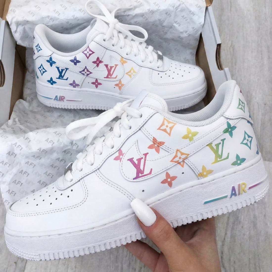 Custom AF 1s Shoes LV Logo Floral Pattern Multicolor