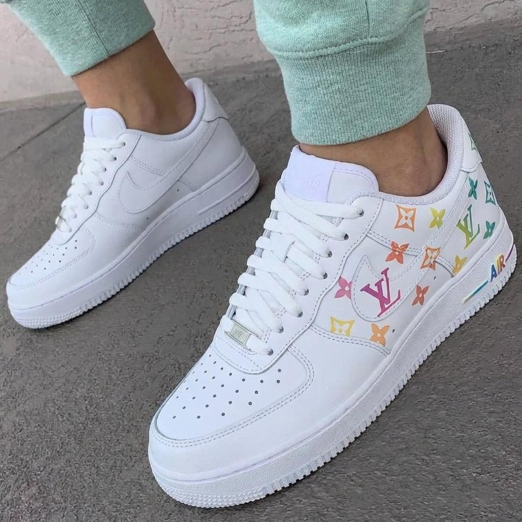 Custom AF 1s Shoes LV Logo Floral Pattern Multicolor