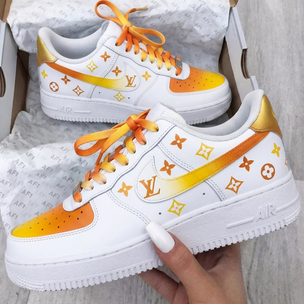 Custom AF 1s Shoes LV Logo Patterns Orange Yellow
