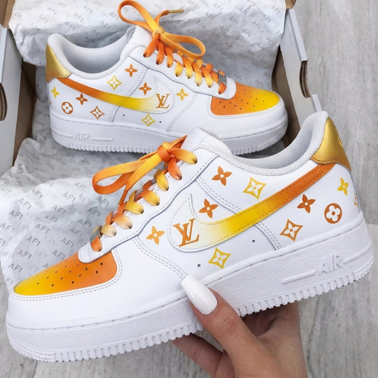 Custom AF 1s Shoes LV Logo Patterns Orange Yellow