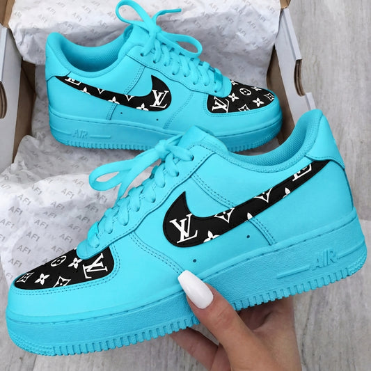 Custom AF 1s Shoes LV Monogram Baby Blue Black