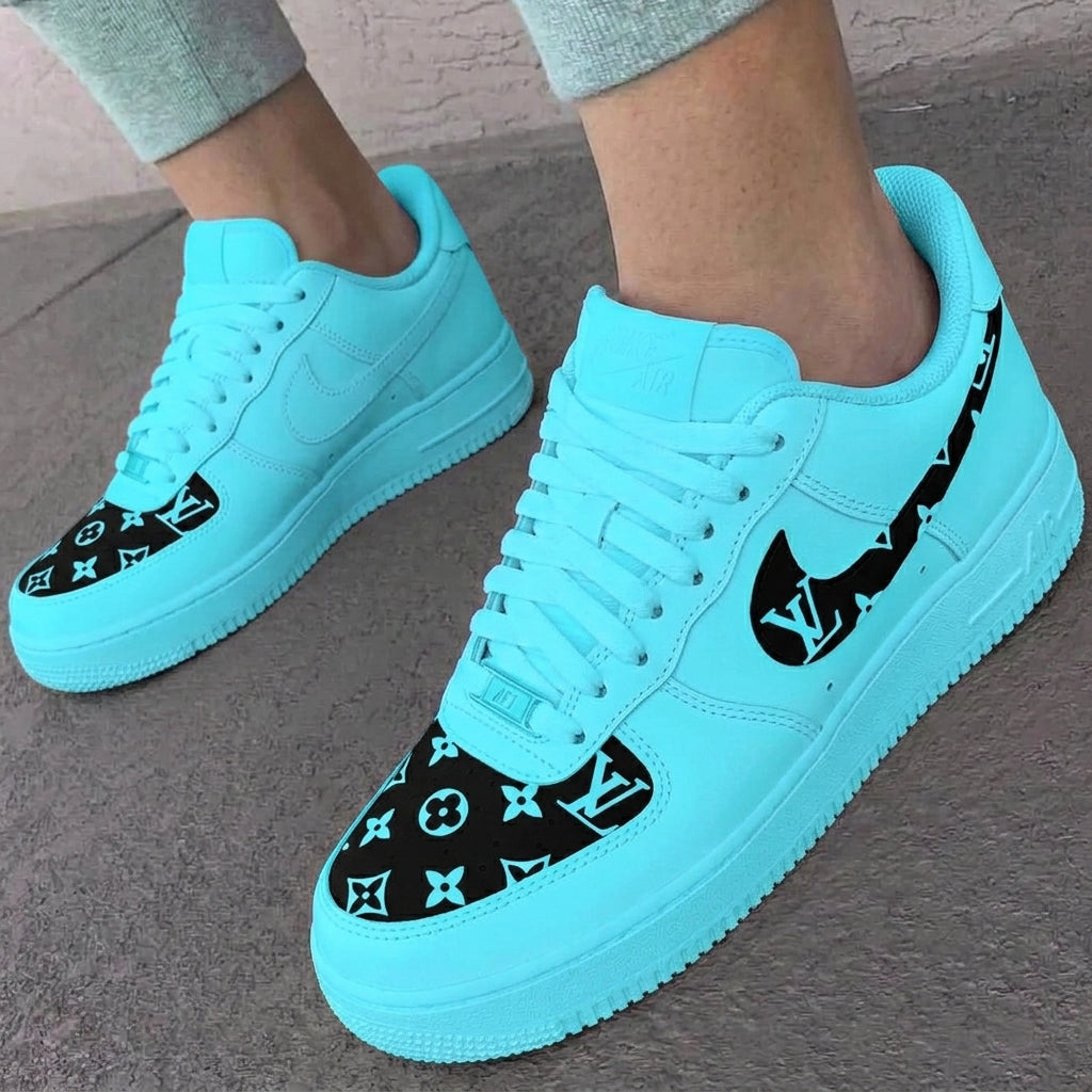 Custom AF 1s Shoes LV Monogram Baby Blue Black