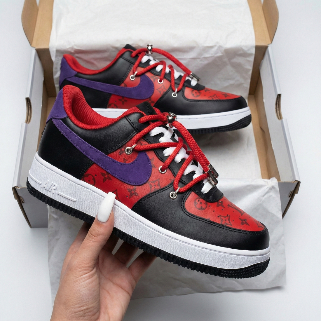 Custom AF 1s Shoes LV Monogram Black Red Purple